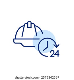 Hard hat and 24 hours clock. Day and night construction workplace safety and support. Health security and incidents prevention. Pixel perfect, editable stroke icon