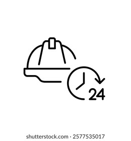 Hard hat and 24 hours clock. Day and night construction workplace safety and support. Health security and incidents prevention. Pixel perfect vector icon