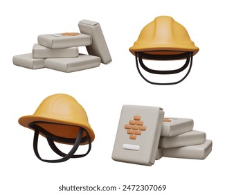 Sombrero duro, bolsas con cemento, masilla, mezcla adhesiva seca. Conjunto de Elementos 3D de Vector