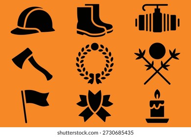Hard hat boots axe laurel wreath crossed sticks flag ribbon candle