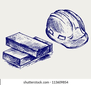 Hard Hat And Bricks. Doodle Style