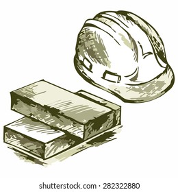 Hard Hat And Bricks. Shades Of Green And Yellow. Doodle Style