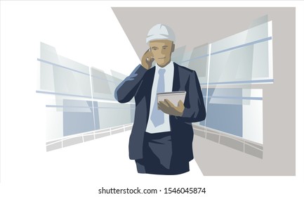 Hard hat businessman talking on smartphone. Style modern background. Discussion, conversation, business partnership, team, everyday business life. Flat cartoon colorful vector illustration.