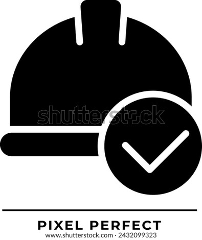 Hard hat with check mark black glyph icon. Safety equipment for construction site. Labourer protective helmet. Silhouette symbol on white space. Solid pictogram. Vector isolated illustration