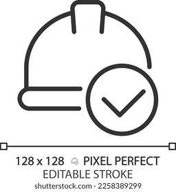 Hard hat with check mark pixel perfect linear icon. Safety equipment for construction site. Laborer protective helmet. Thin line illustration. Contour symbol. Vector outline drawing. Editable stroke