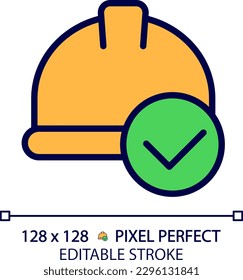 Hard hat with check mark pixel perfect RGB color icon. Safety equipment for construction site. Labourer protective helmet. Isolated vector illustration. Simple filled line drawing. Editable stroke