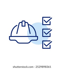 Hard hat and checklist. Safety compliance, time management in construction. Pixel perfect vector icon