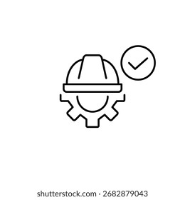Chapéu duro, roda dentada e marca de seleção. Confirmação de segurança do espaço de trabalho. Trabalho verificado, tarefa concluída. Pixel perfeito, ícone de vetor de traçado editável