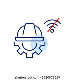 Hard hat, cogwheel and no wi-fi symbol. Offline system maintenance, disconnected repairs. Pixel perfect, editable stroke vector icon