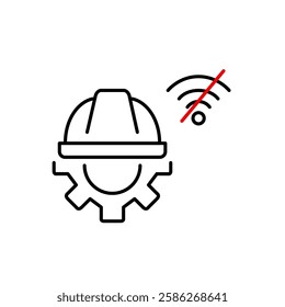 Hard hat, cogwheel and no wi-fi symbol. Offline system maintenance, disconnected repairs. Pixel perfect, editable stroke vector icon