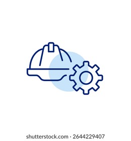 Hard hat and cogwheel. Technical operations, system supervision, safety configuration, engineering control, maintenance management. Pixel perfect, editable stroke vector icon