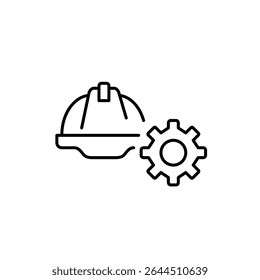 Hard hat and cogwheel. Technical operations, system supervision, safety configuration, engineering control, maintenance management. Pixel perfect, editable stroke vector icon