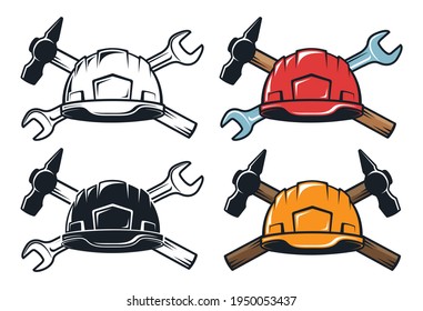 Hard hat crossed hammer and spanner - retro emblem. Work helmet and tools -Vintage industral logo. Vector illustration.