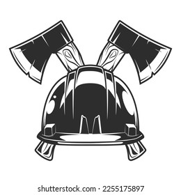 Hard hat and crossed metal ax with handle made of wood. Wooden axe construction builder tool. Element for business woodworking or lumberjack emblem or icon.