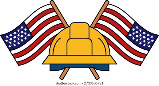 hard hat is in front of two American flags