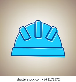 Hard hat illustration. Vector. Sky blue icon with blue contour on beige background.