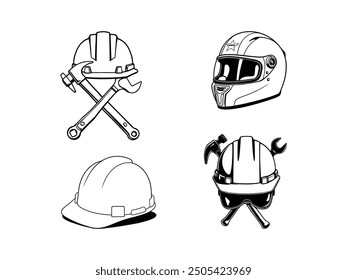 Arte de línea de sombrero duro con herramientas de construcción - Ilustración vectorial de casco de seguridad de Industrial.