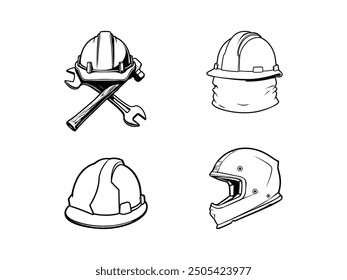 Hard Hat Line Art with Construction Tools - Industrial Safety Helmet Vector Illustration.