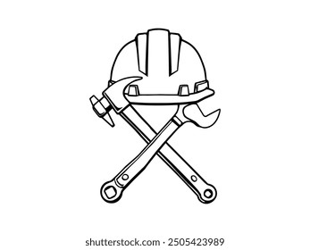 Hard Hat Line Art mit Bauwerkzeugen - Industrial Safety Helm Vektor Illustration.