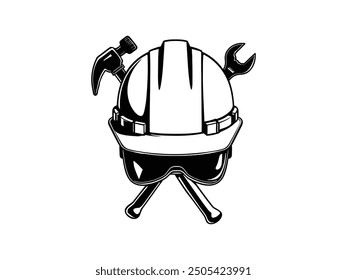 Hard Hat Line Art with Construction Tools - Industrial Safety Helmet Vector Illustration.