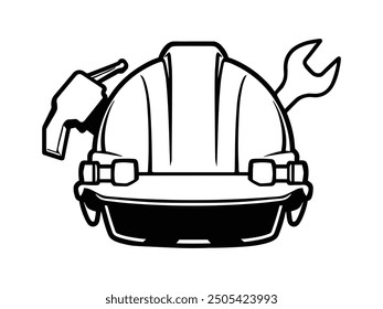 Hard Hat Line Art with Construction Tools - Industrial Safety Helmet Vector Illustration.