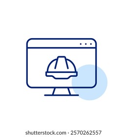 Hard hat on computer monitor. Digital coding and web development tools, engineering and system safety. Pixel perfect, editable stroke icon