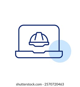 Hard hat on laptop. Safe web development and engineering. Digital construction resources. Pixel perfect, editable stroke icon