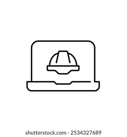 Hard hat on laptop. Web design and development. Pixel perfect, editable stroke icon