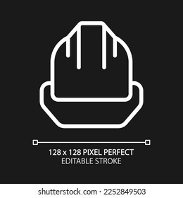 Hard hat pixel perfect white linear icon for dark theme. Personal protective equipment. Safety helmet. Miner uniform. Thin line illustration. Isolated symbol for night mode. Editable stroke