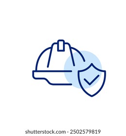 Hard hat and protection shield with checkmark. Workplace security. Information security engineering. Pixel perfect, editable stroke icon