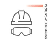 Hard hat and protective glasses icon. Hardhat line vector symbol.