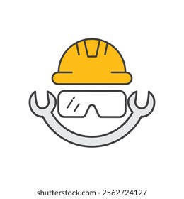 Hard hat, safety glasses, and wrenches for construction or industrial projects icon design, emphasizing safety and tool use in a work environment.