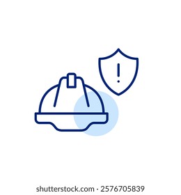 Hard hat and security shield with exclamation mark. Safety compliance notice, construction worksite hazard alert. Pixel perfect, editable stroke icon