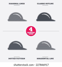 Hard hat sign icon. Construction helmet symbol. Diagonal and horizontal lines, classic outline, dotted texture. Pattern design icons.  Vector