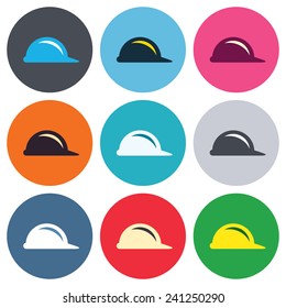 Hard hat sign icon. Construction helmet symbol. Colored round buttons. Flat design circle icons set. Vector