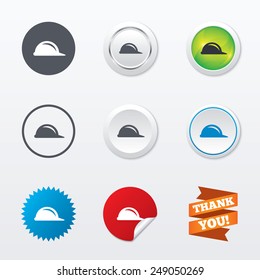 Hard hat sign icon. Construction helmet symbol. Circle concept buttons. Metal edging. Star and label sticker. Vector