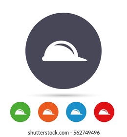 Hard hat sign icon. Construction helmet symbol. Round colourful buttons with flat icons. Vector