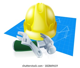 Hard hat tools and blueprint construction industry illustration. A yellow hard hat helmet, spanner or wrench, claw hammer and blueprint.
