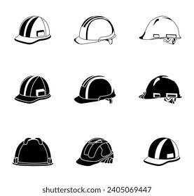 Hard Hat Vector Illustration Set With Clip Art White Background And Hard Hat Isolated Symbol. Safety Hat Helmet, Engineer Safe Tool, Hard Hat Outline, Protect Safety Helmet.