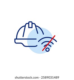 Hard hat and wi-fi crossed out. Manual mode only, tech-free worksite. Web page under construction. Pixel perfect, editable stroke vector icon