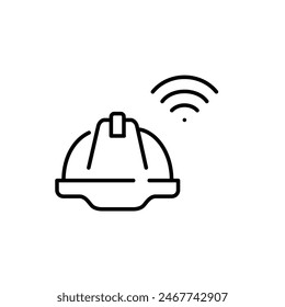 Hard hat and wifi symbol. Digital safety, smart workplace connectivity and solutions. Pixel perfect vector icon