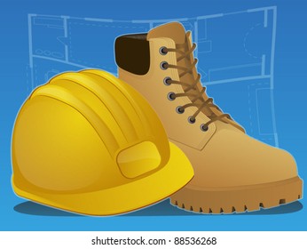 Hard Hat And Work Boots With Blue Print Background