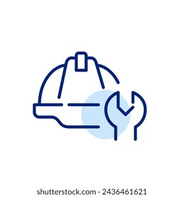 Hard hat and wrench. Safety at construction sites. Labor workers. Pixel perfect, editable stroke icon