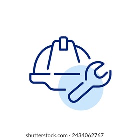 Hard hat and wrench. Worksite maintenance symbol. Applications and settings. Pixel perfect, editable stroke icon