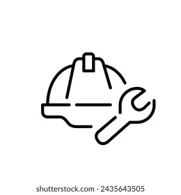 Hard hat and wrench. Worksite maintenance symbol. Applications and settings. Pixel perfect vector icon