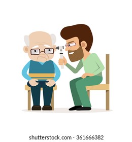 Hard Of Hearing Elderly Man Visiting A Doctor. Vector Illustrations In Cartoon Style. Hearing Test. Concept For Hearing Loss, Hearing Problem, Deafness, Medical Care For Hearing Impaired People.