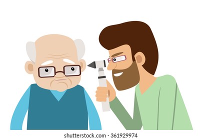 Hard Of Hearing Elderly Man Visiting A Doctor. Vector Illustrations In Cartoon Style. Hearing Test. Concept For Hearing Loss, Hearing Problem, Deafness, Medical Care For Hearing Impaired People.