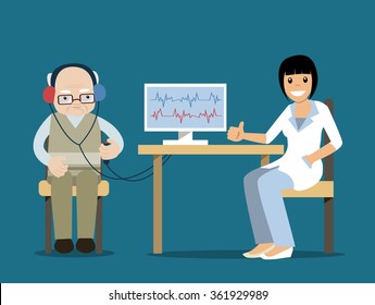 Hard Of Hearing Elderly Man Visiting A Female Doctor. Vector Illustrations In Cartoon Style. Medical Audible Test. Concept For Hearing Loss, Deafness, Medical Care For Hearing Impaired People.