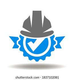 Hard helmet with stamp and check mark icon vector. Safety work construction compliance symbol. Industry protective equipment standards control sign.