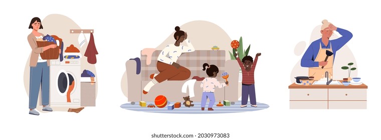 Hard housework set. Collection of women washing clothes and dishes and playing with young children. Tired female characters at home. Cartoon flat vector illustrations isolated on white background